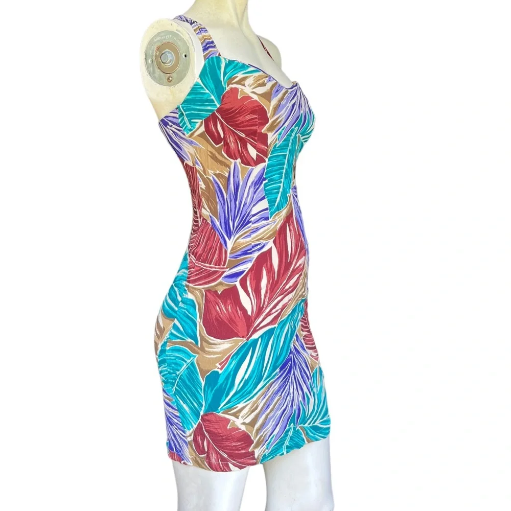 Vintage 90's Paris Blues Multicolor Palm Print Mini Dress Size 7 Juniors